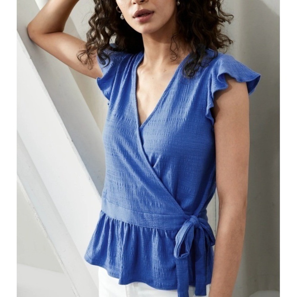 Banana Republic Women's Positano Blue Nylon Crinkle Wrap Flutter Tank Top Size S